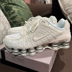 Nike Women's White and Silver Shox Sneakers